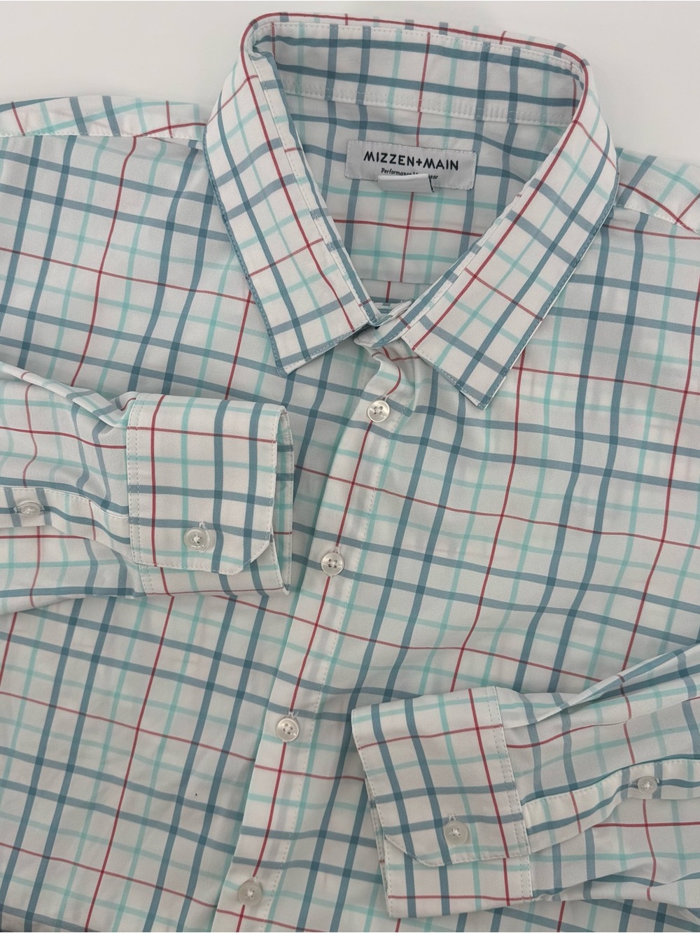 Mizzen+Main Mens Designer White Green Red Plaid Trim Performance Shirt XXL